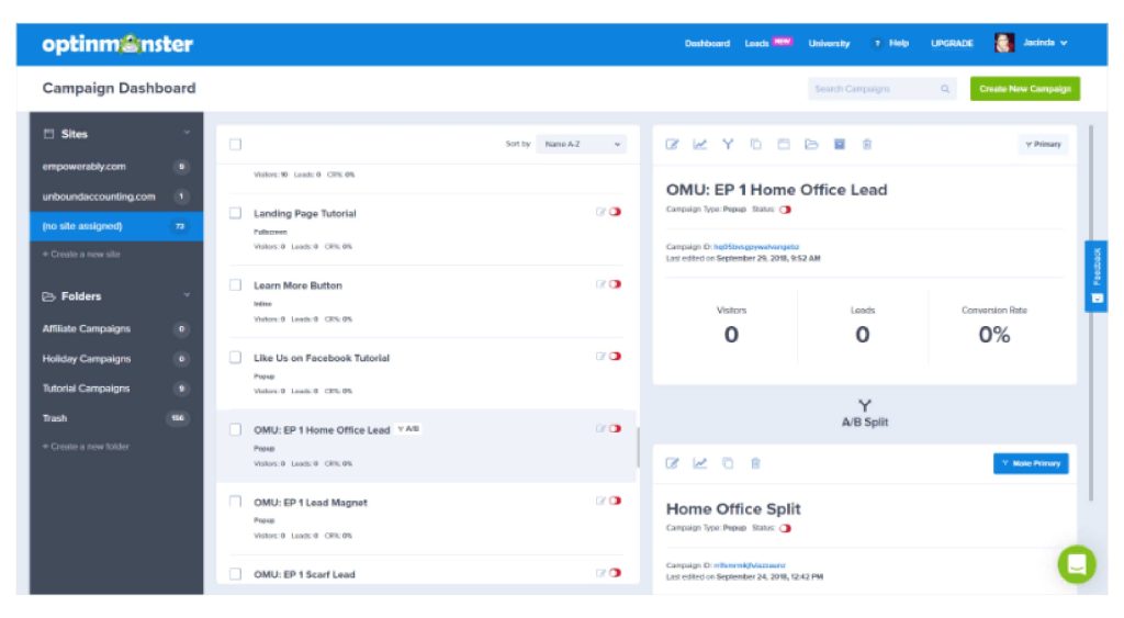 Dashboard of OptinMonster