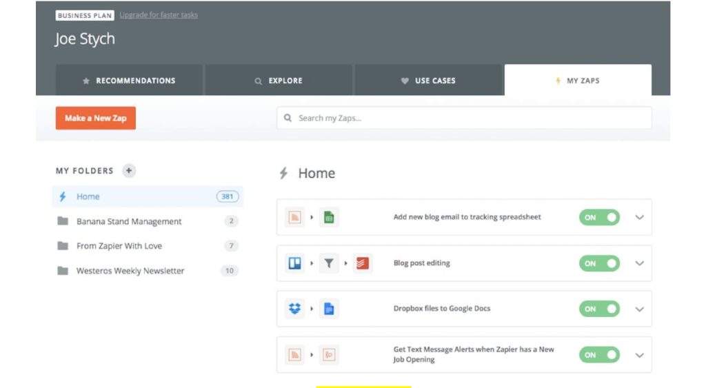 Dashboard of Zapier